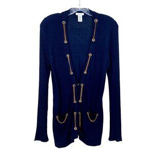 Cache Womens M Cardigan Sweater Navy Blue Gold Chain Nautical Quiet Luxury Knit